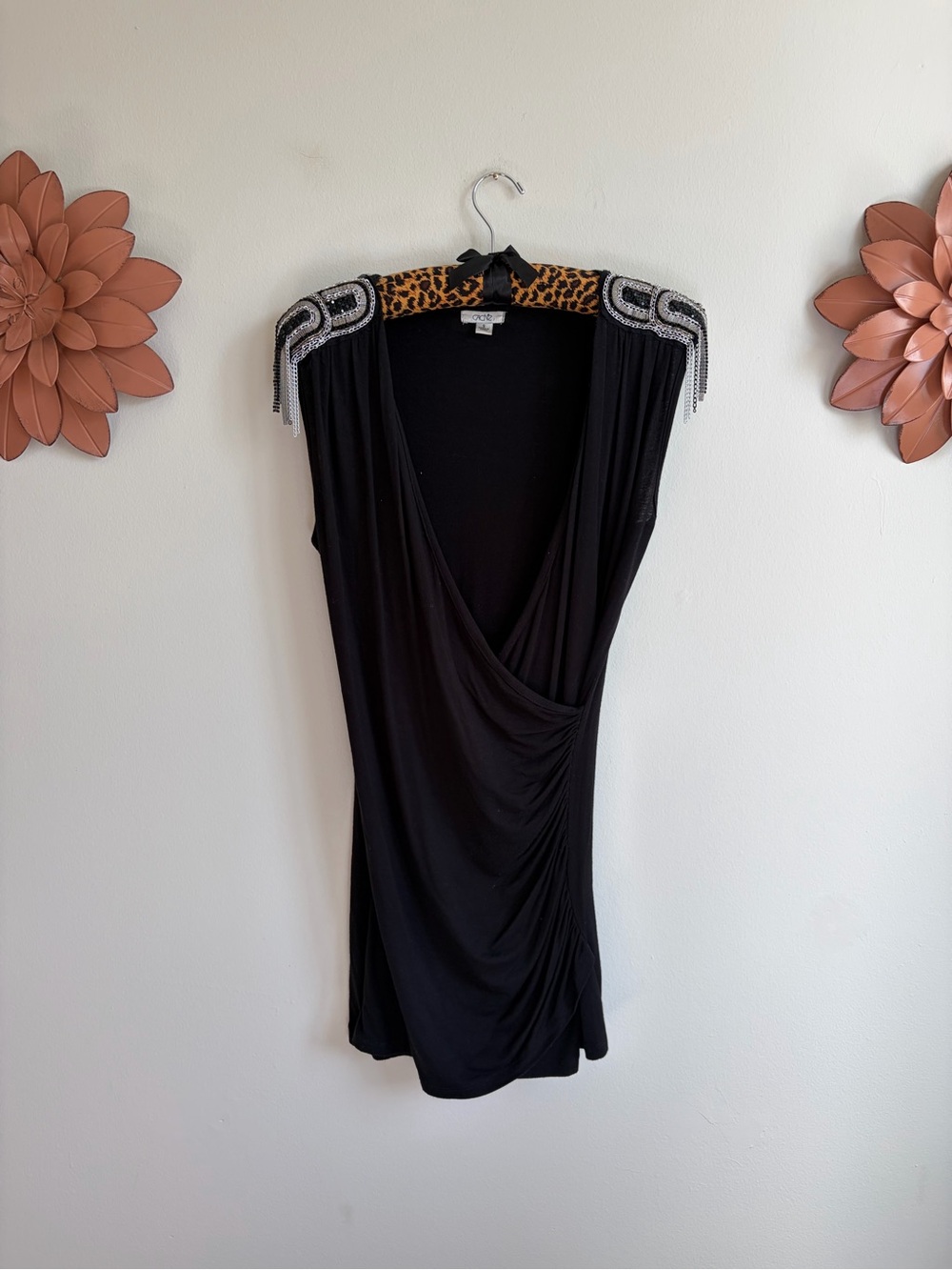 Cache Black Draped Tank with Silver Beaded Shoulder Fringe